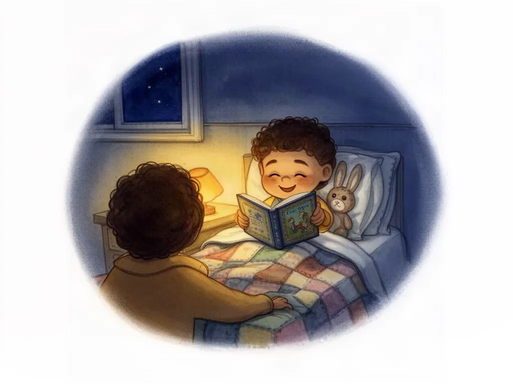 Ilustración a acuarela: de noche, a la luz de la lamparita, un niño sonríe con su cuento abierto en la cama mientras un adulto le acompaña