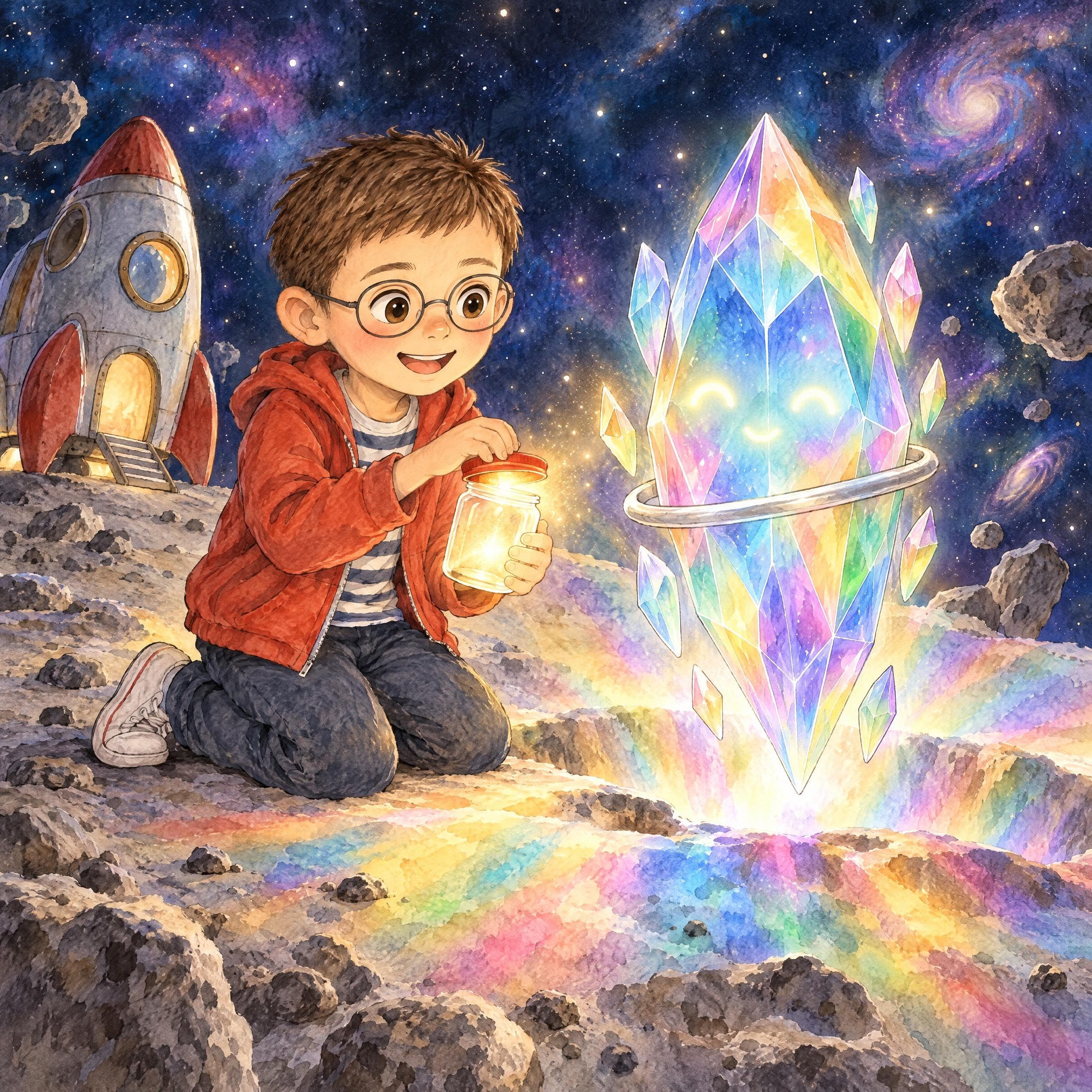 Ilustración en acuarela del cuento personalizado «Martín y la luz guardada», escena 11: Una chispa basta