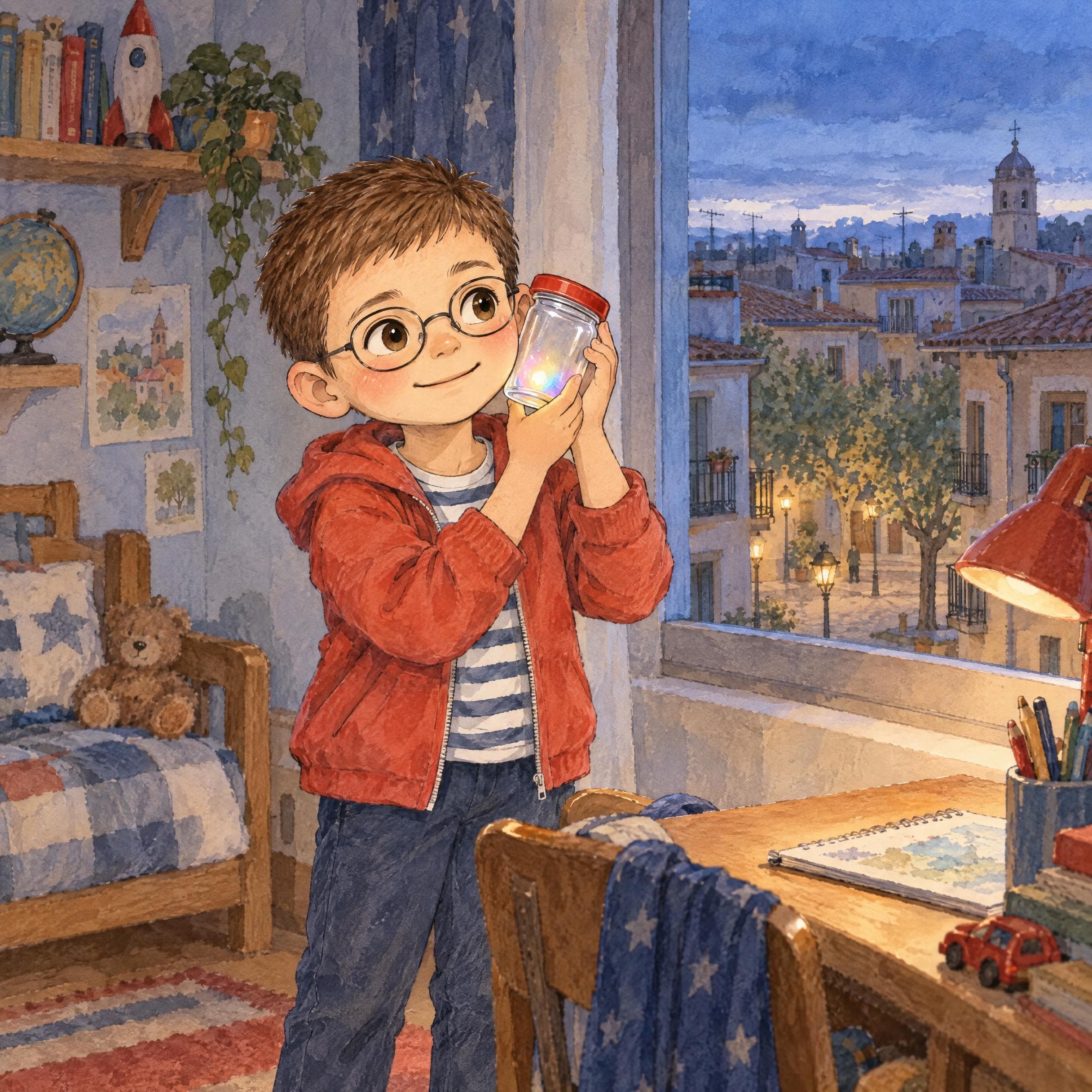 Ilustración en acuarela del cuento personalizado «Martín y la luz guardada», escena 12: De vuelta