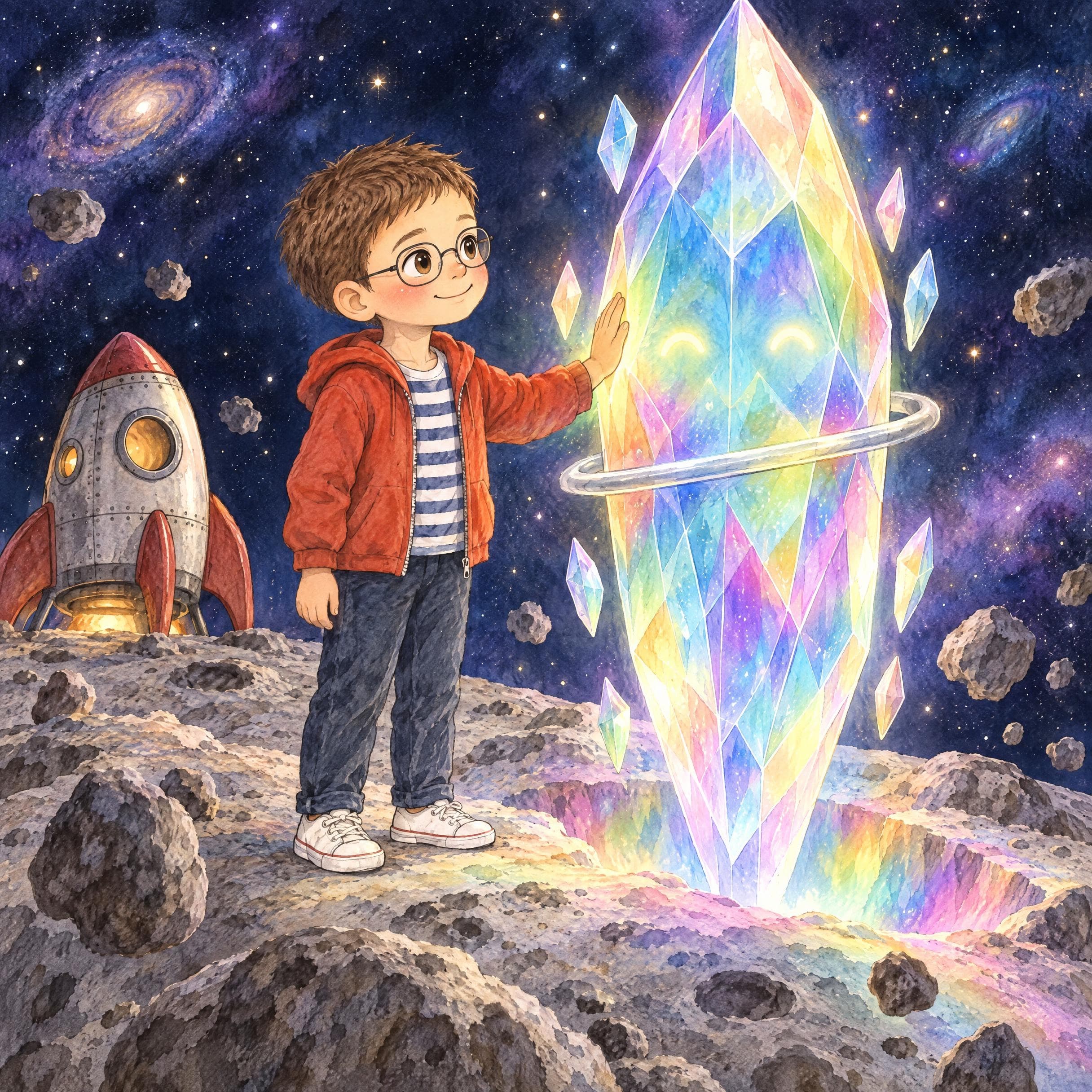 Ilustración en acuarela del cuento personalizado «Martín y la luz guardada», escena 5: El Cristal triste
