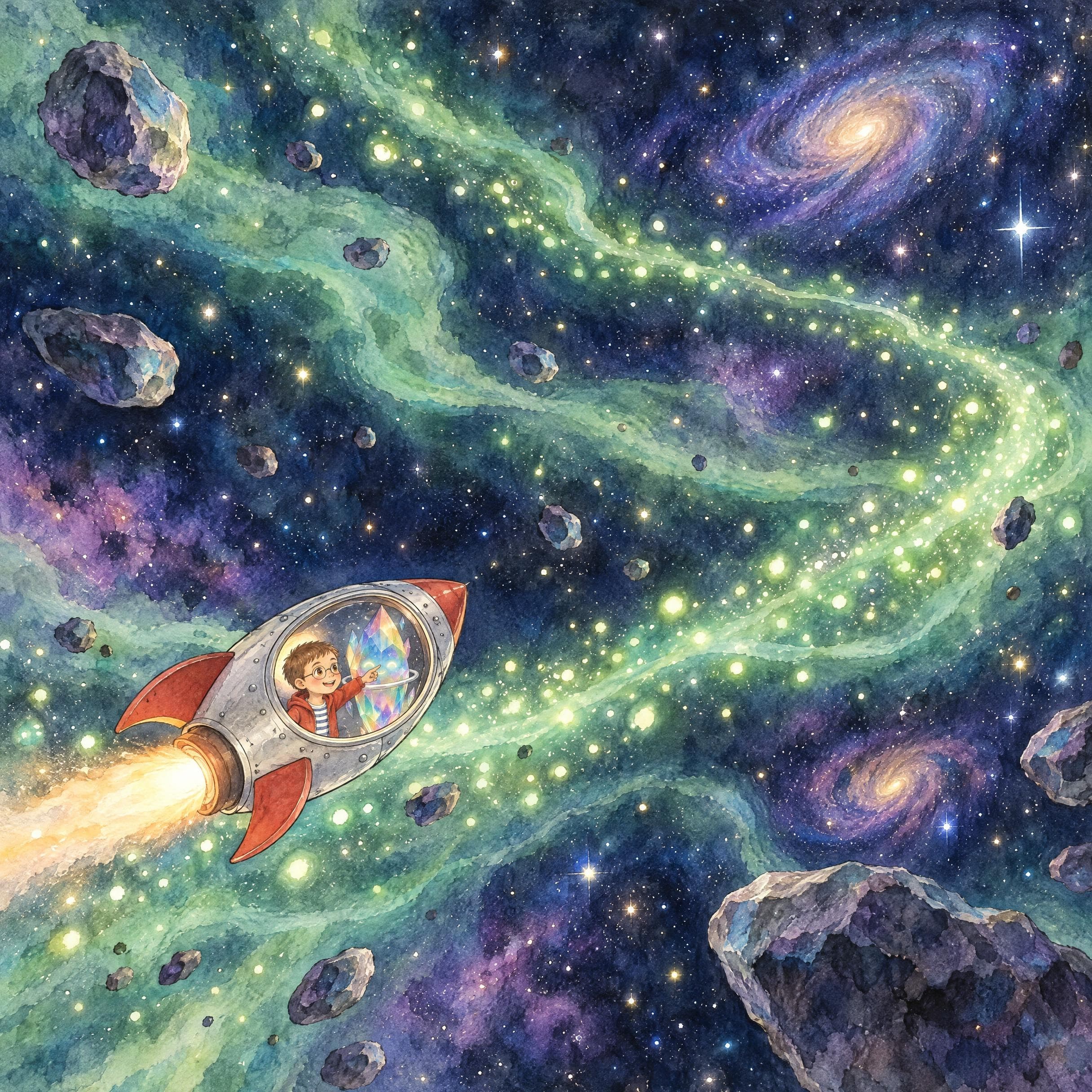 Ilustración en acuarela del cuento personalizado «Martín y la luz guardada», escena 6: Luciérnagas cósmicas