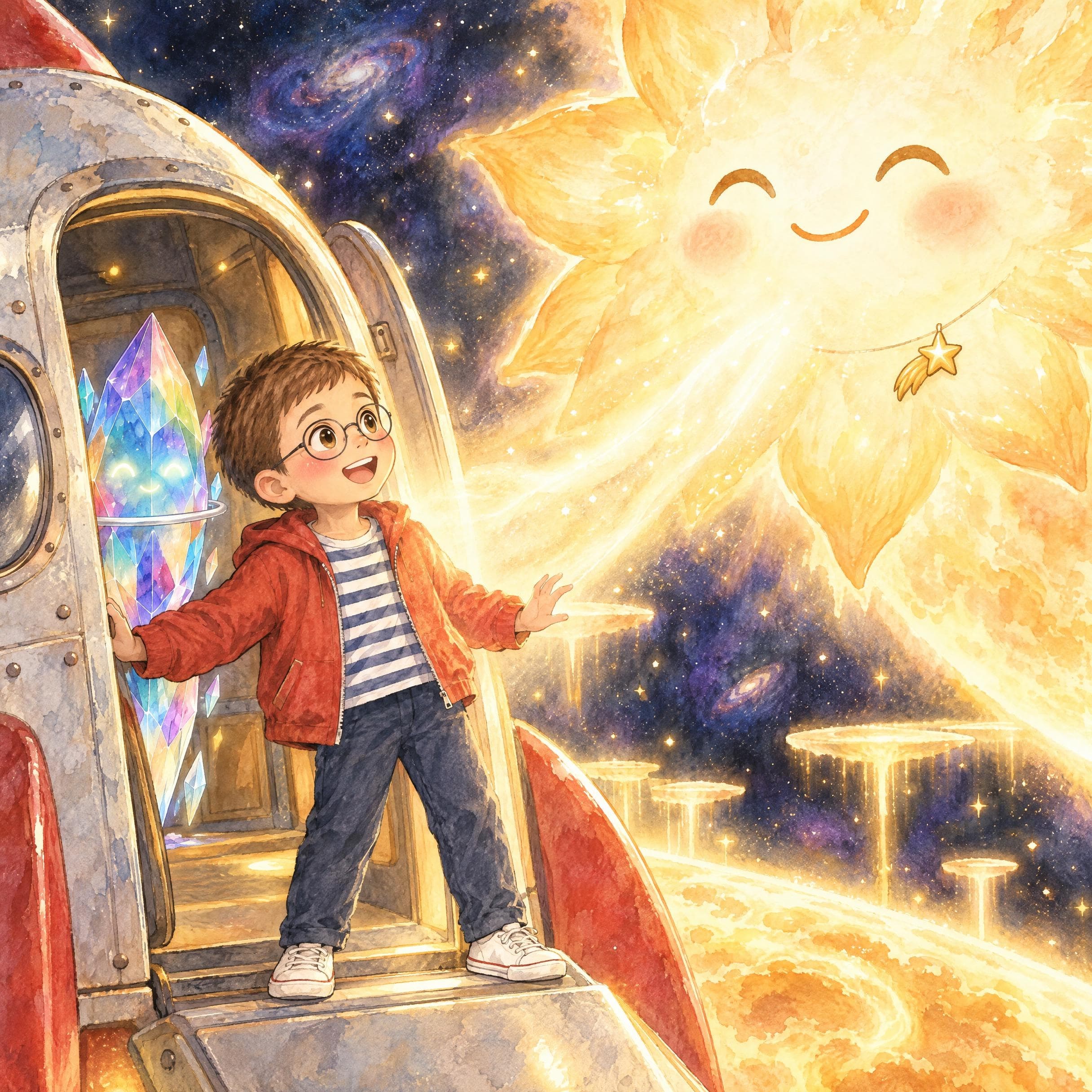 Ilustración en acuarela del cuento personalizado «Martín y la luz guardada», escena 7: Pedir luz