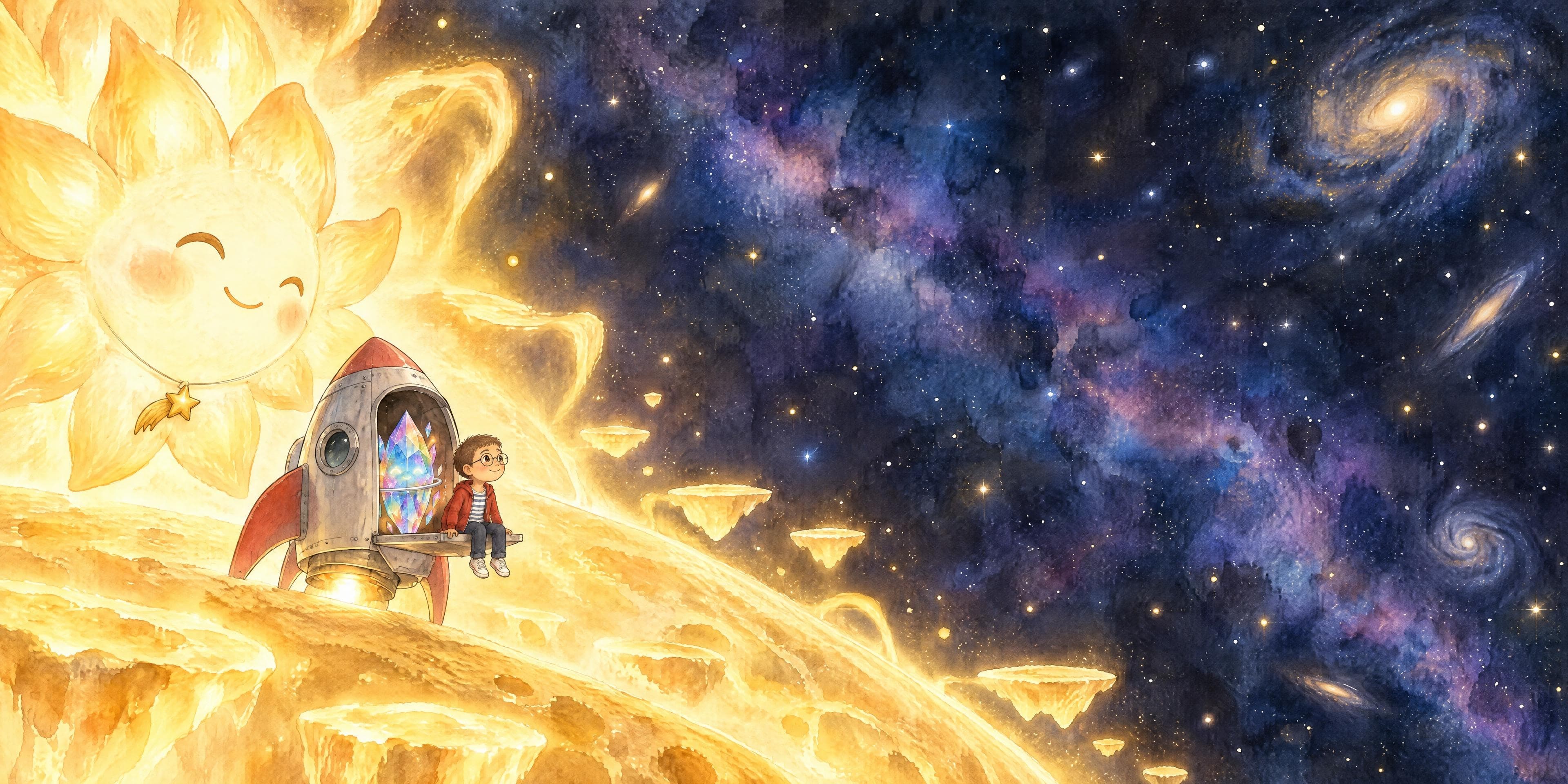 Ilustración en acuarela del cuento personalizado «Martín y la luz guardada», escena 8: Pequeño ante todo