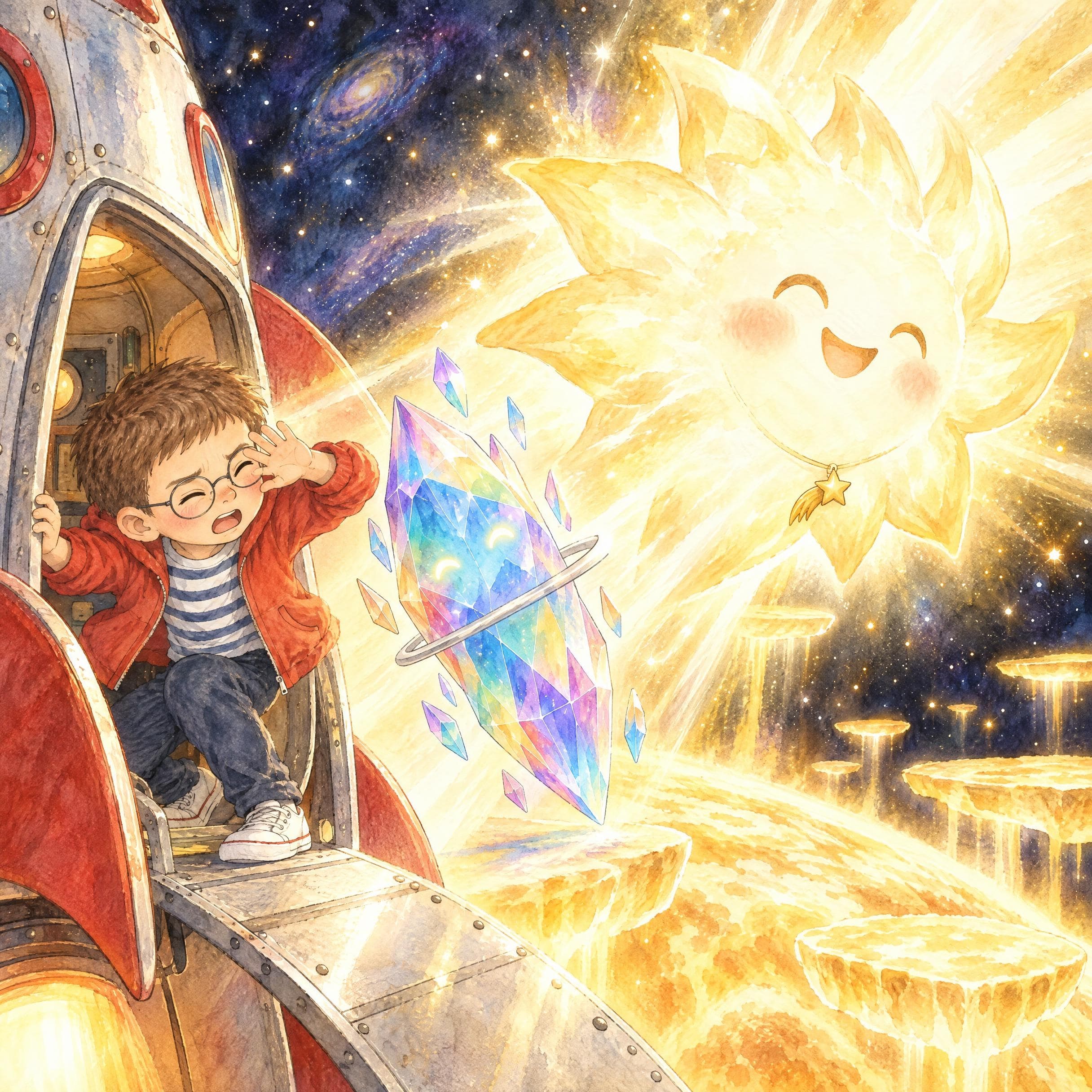 Ilustración en acuarela del cuento personalizado «Martín y la luz guardada», escena 9: Demasiada luz